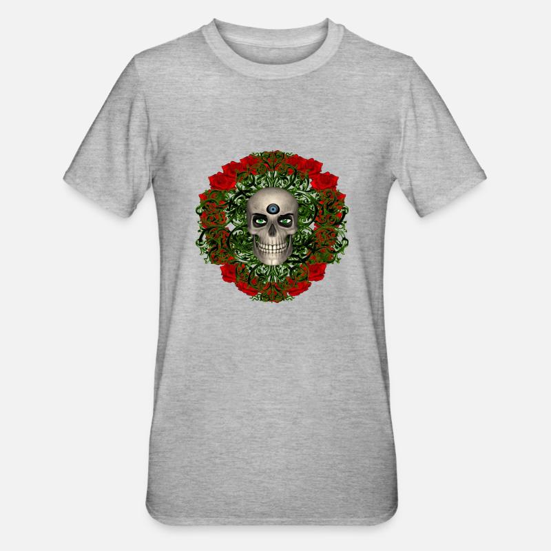 Schädel mit Rosen - Unisex Polycotton T-Shirt - Grau meliert
