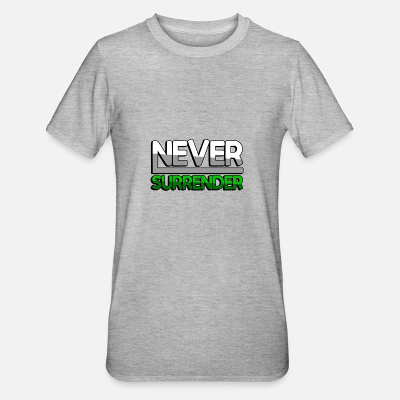 NEVER SURRENDER (Grün) - Gaming - Unisex Polycotton T-Shirt - Grau meliert
