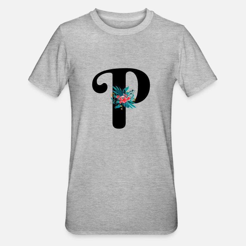 Buchstabe P blumig - Unisex Polycotton T-Shirt - Grau meliert