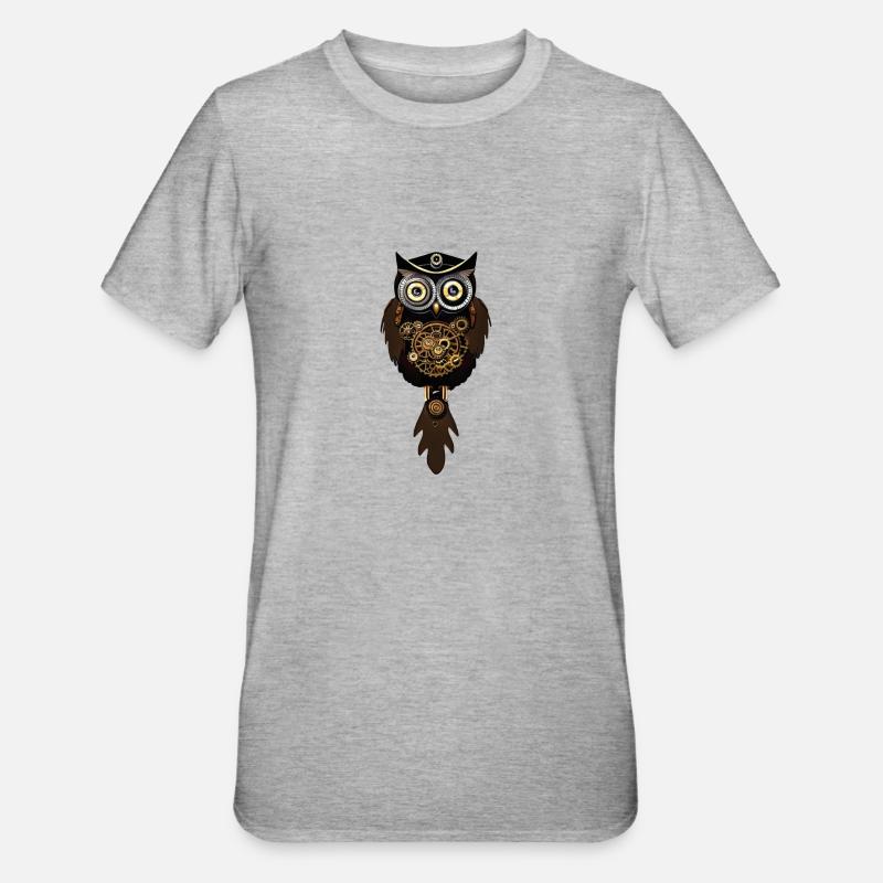 Steampunk Eule mit Maschinenuhr - Unisex Polycotton T-Shirt - Grau meliert