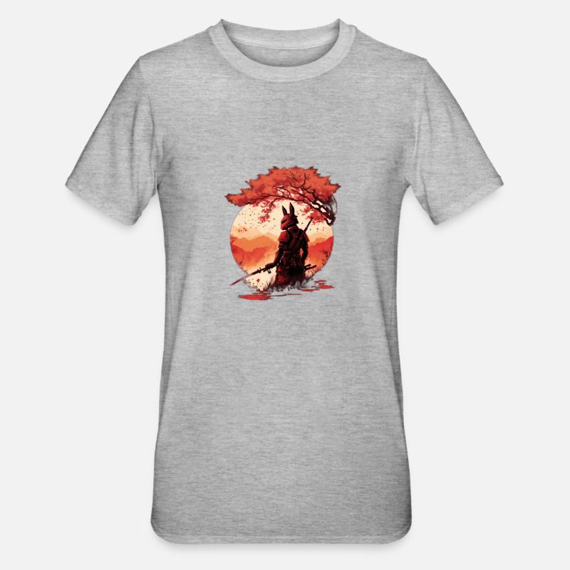 Samurai Warrior - Sakura Tree Digital Art - T-shirt polycoton Unisexe - gris chiné