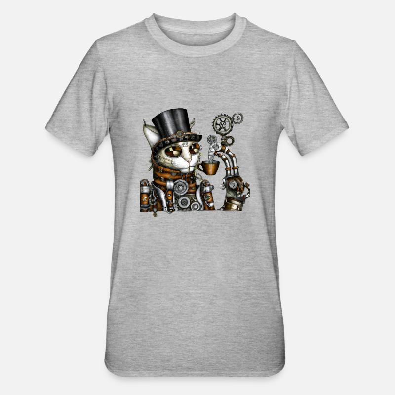Chat Steampunk - T-shirt polycoton Unisexe - gris chiné