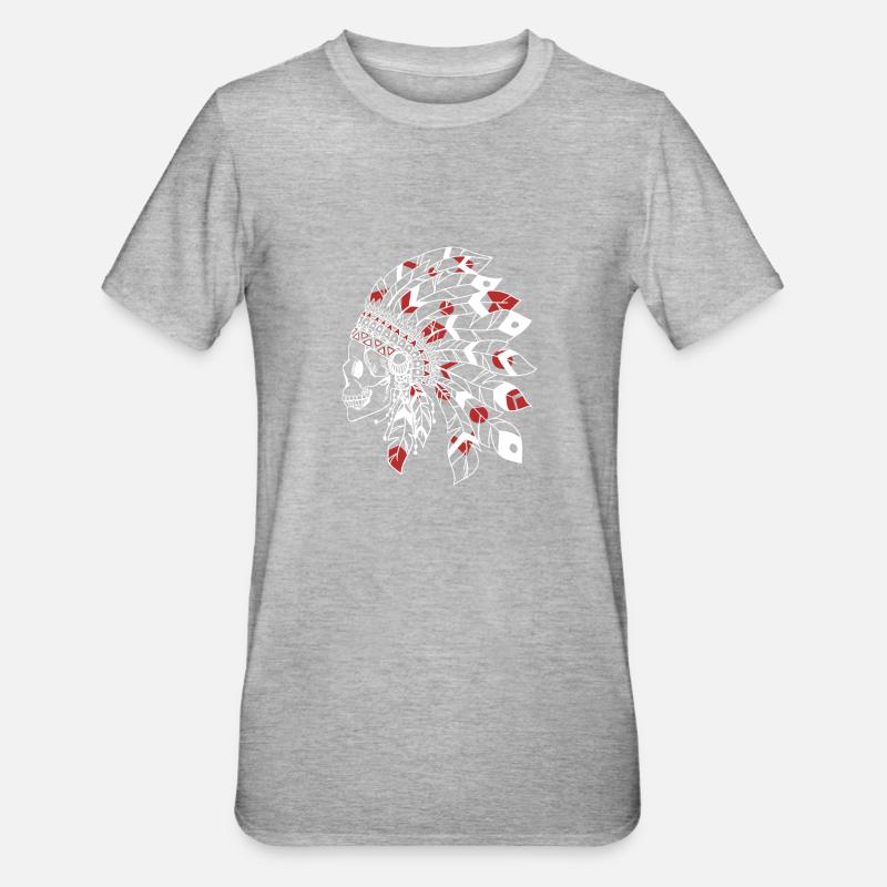 crâne avec une coiffe indienne blanc et rouge - T-shirt polycoton Unisexe - gris chiné