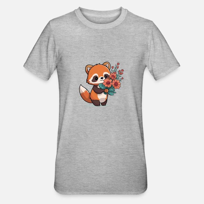Panda roux à fleurs - T-shirt polycoton Unisexe - gris chiné