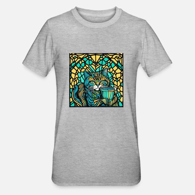 Chat avec une tasse - T-shirt polycoton Unisexe - gris chiné