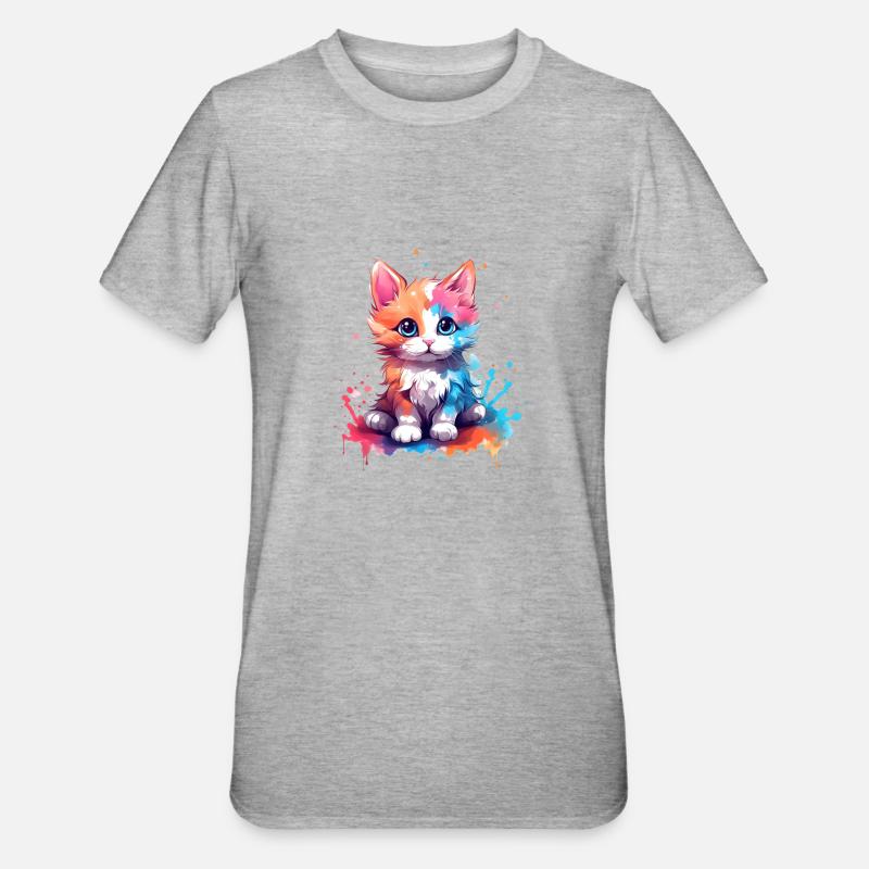 Mignon petit chat coloré avec éclaboussures de couleur - T-shirt polycoton Unisexe - gris chiné