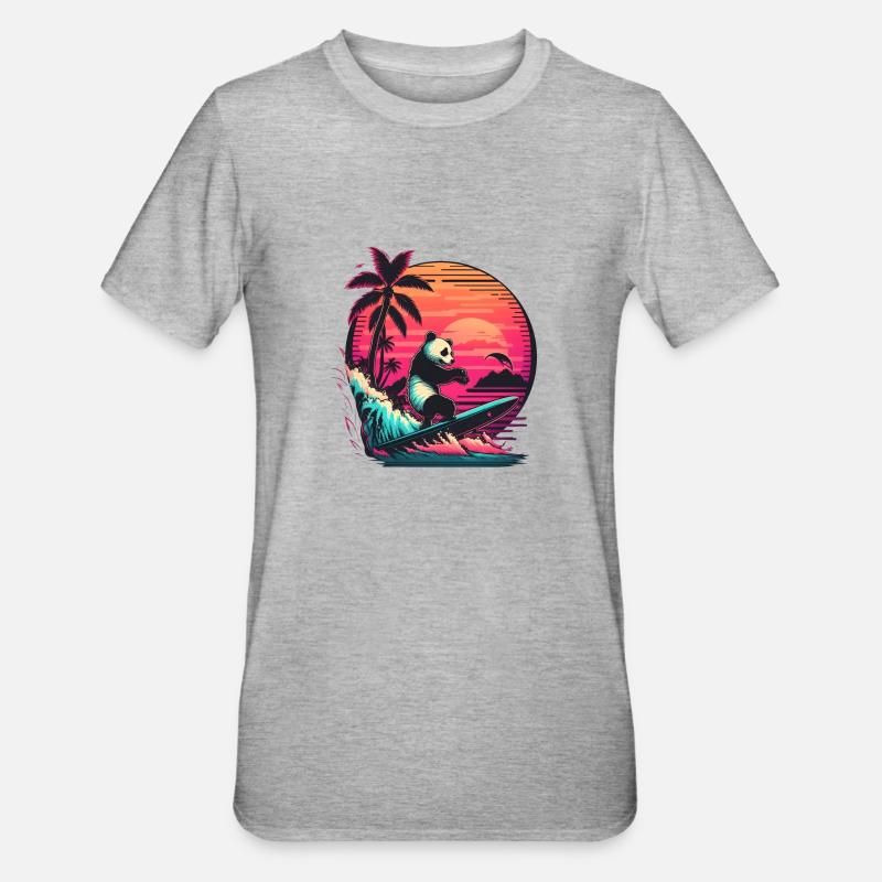 Synthwave surfing Panda Sunset - T-shirt polycoton Unisexe - gris chiné