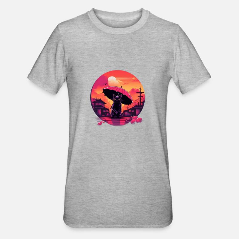 Synthwave japan Cat with umbrella - Unisex Polycotton T-Shirt - heather grey