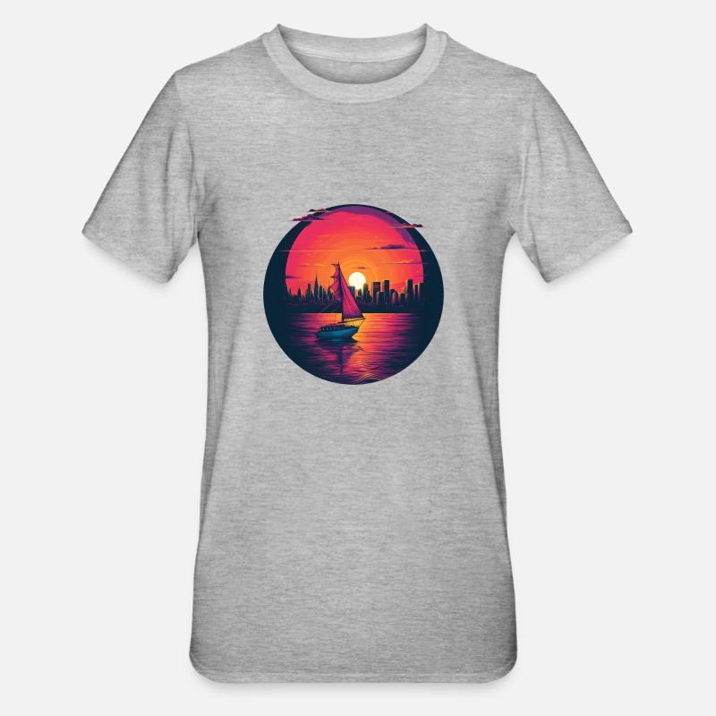 Synthwave sailing ship sunset - Unisex Polycotton T-Shirt - heather grey