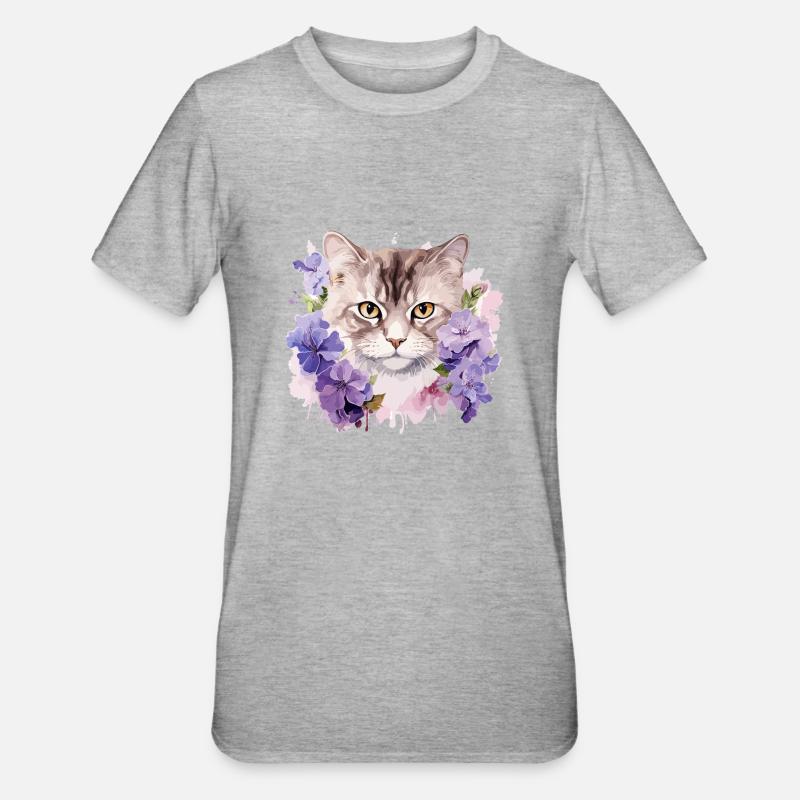 Chat avec des fleurs - T-shirt polycoton Unisexe - gris chiné