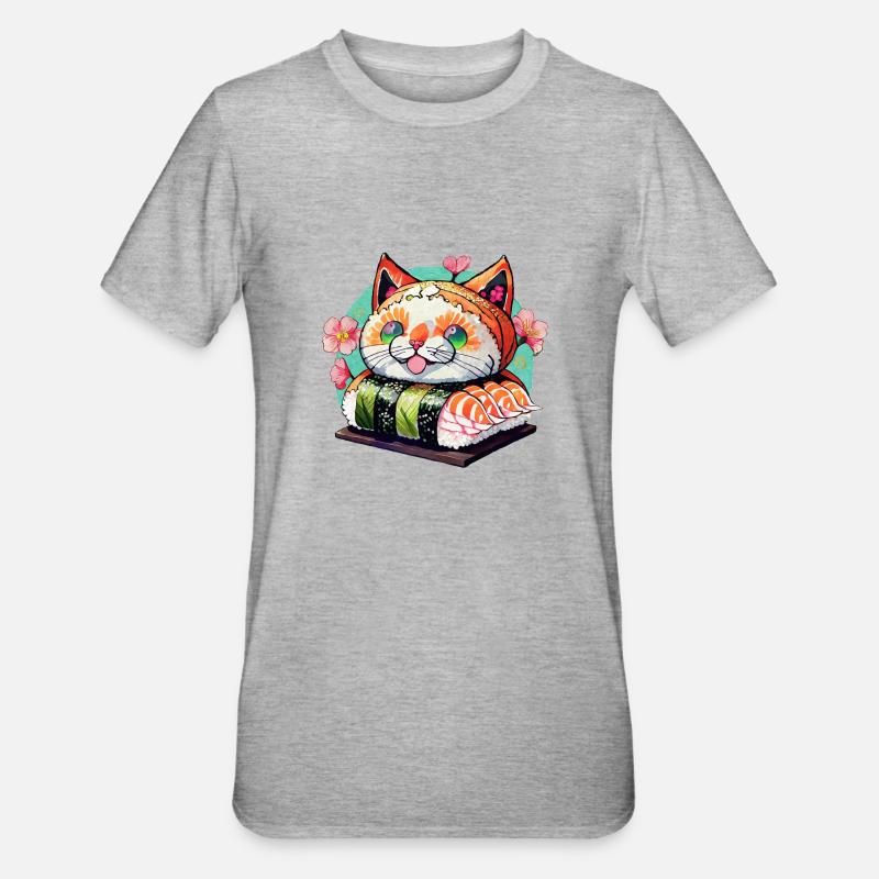 Sushi-Katze - Unisex Polycotton T-Shirt - Grau meliert