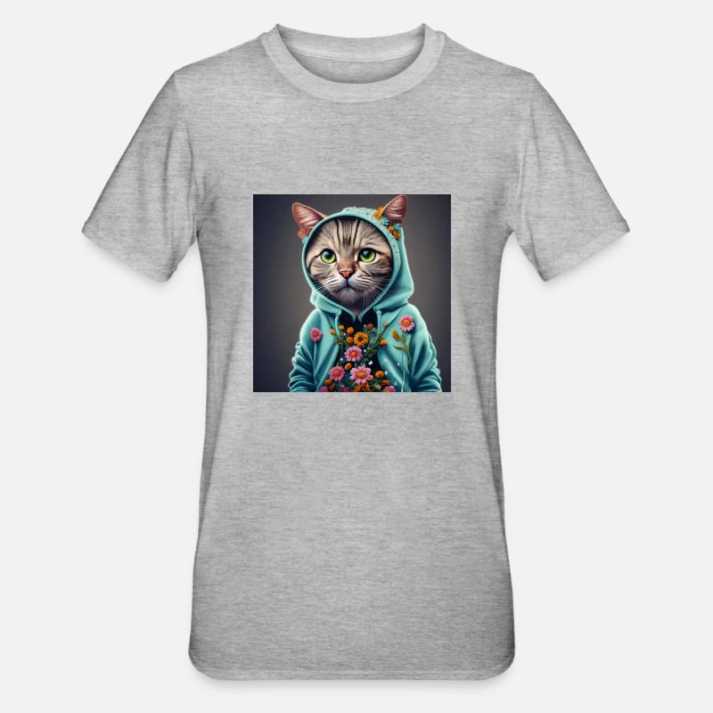 chat avec capuche et fleurs - T-shirt polycoton Unisexe - gris chiné