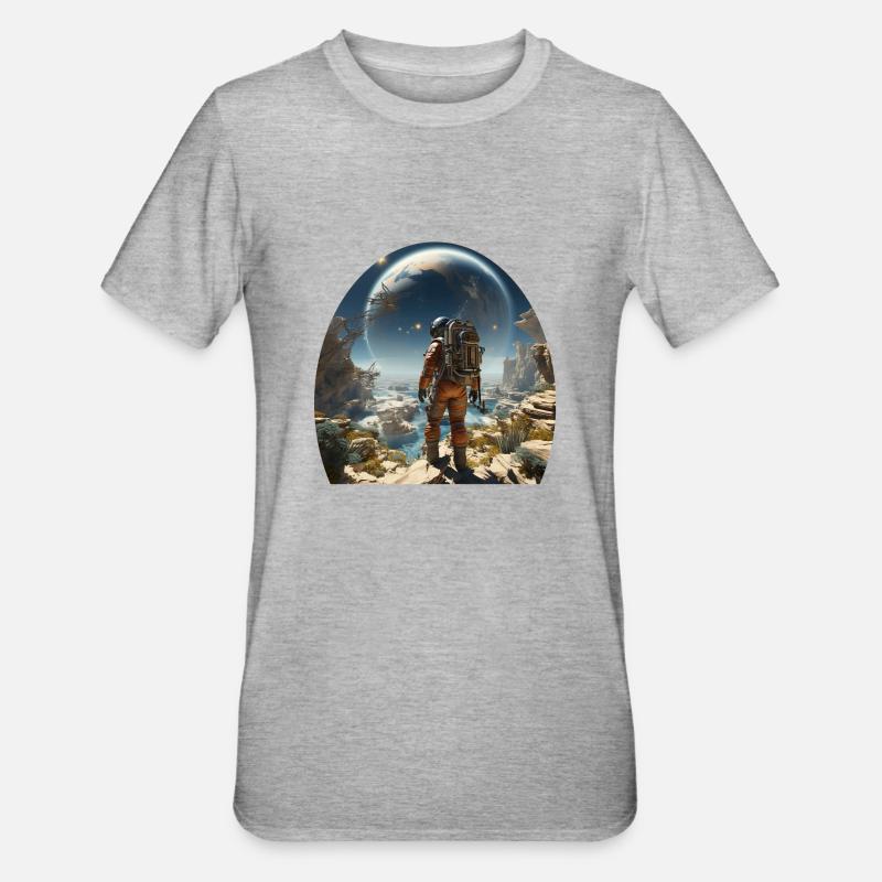 Un astronaute explore des mondes extraterrestres - T-shirt polycoton Unisexe - gris chiné