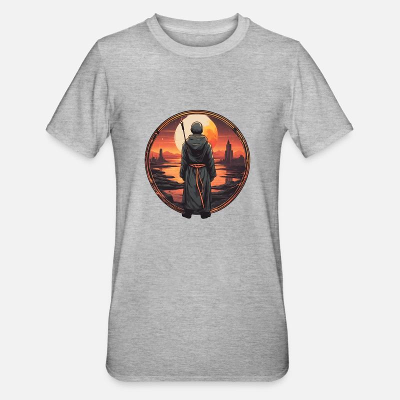 Moine méditant dans la vallée - T-shirt polycoton Unisexe - gris chiné