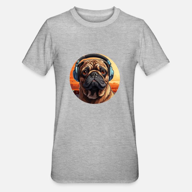 Mops mit Kopfhörer - Unisex Polycotton T-Shirt - Grau meliert