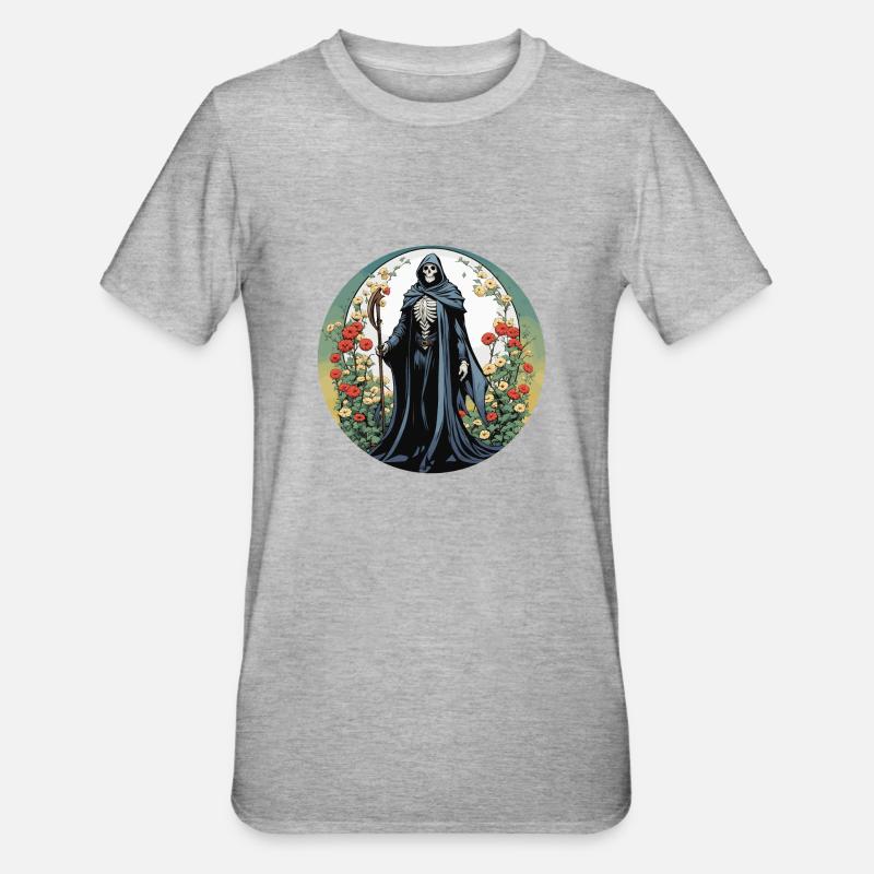 Sensenmann Blumen Illustration - Unisex Polycotton T-Shirt - Grau meliert