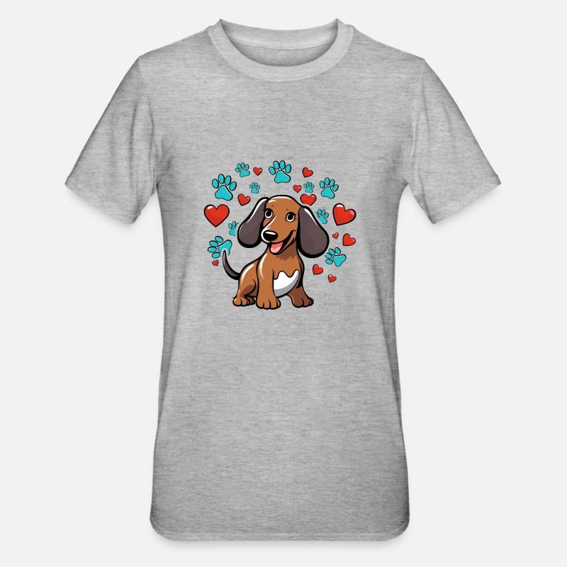 Teckel mignon avec des cœurs - T-shirt polycoton Unisexe - gris chiné