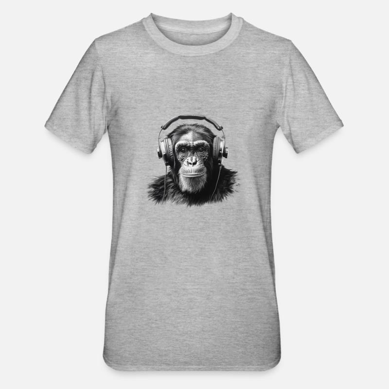 Schimpanse mit Kopfhörern - Unisex Polycotton T-Shirt - Grau meliert