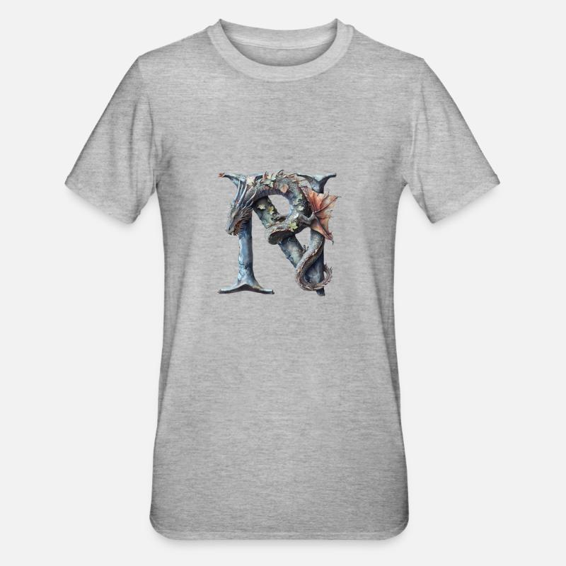 Buchstabe "N" im Drachendesign. - Unisex Polycotton T-Shirt - Grau meliert