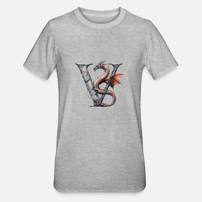 Buchstabe "V" im Drachendesign. - Unisex Polycotton T-Shirt - Grau meliert