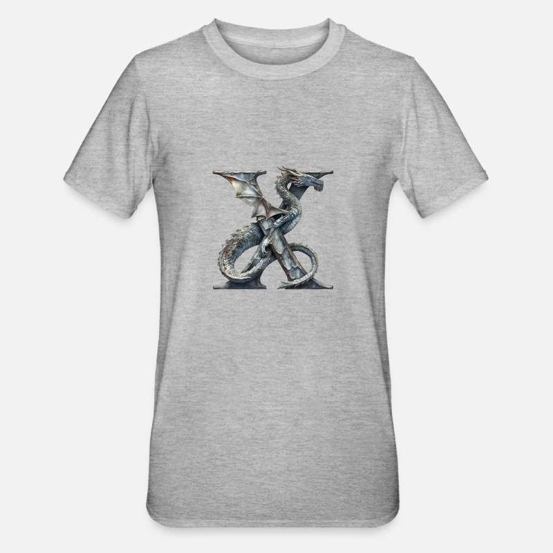 Buchstabe "X" im Drachendesign. - Unisex Polycotton T-Shirt - Grau meliert