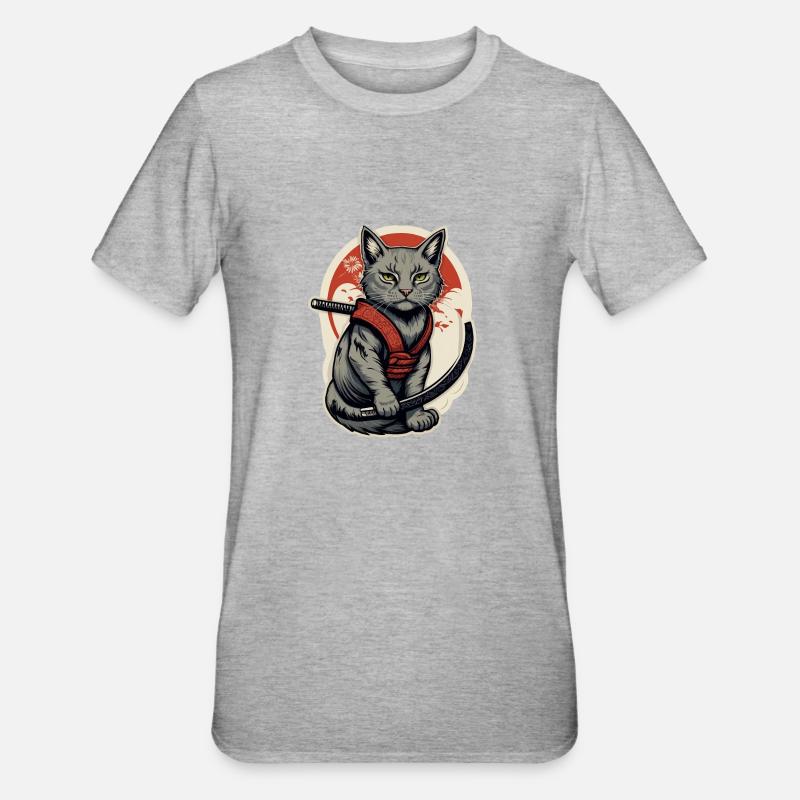 Cat Samurai - Unisex Polycotton T-Shirt - heather grey