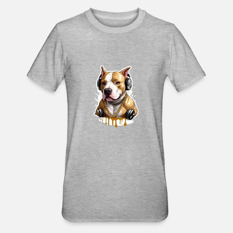 Chien bouledogue avec écouteurs - T-shirt polycoton Unisexe - gris chiné