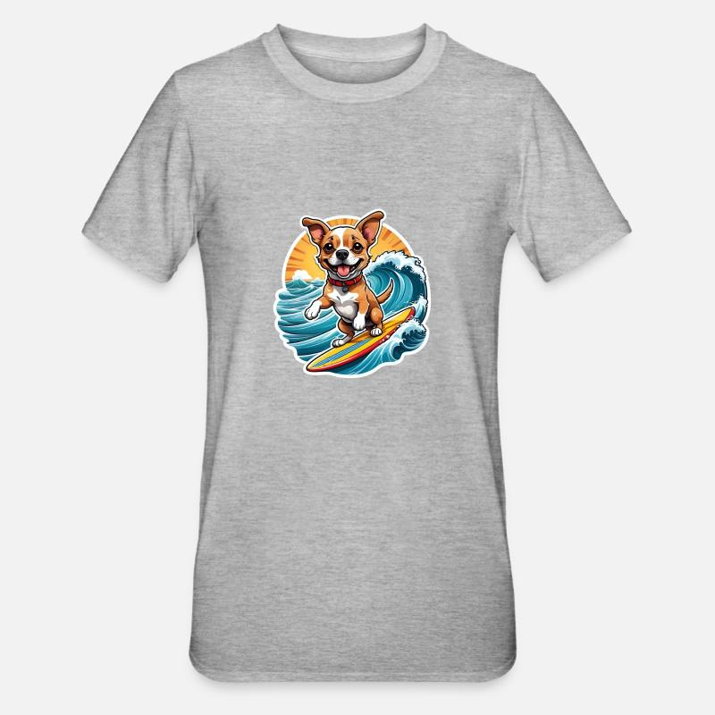 Chien surfeur joyeux - T-shirt polycoton Unisexe - gris chiné