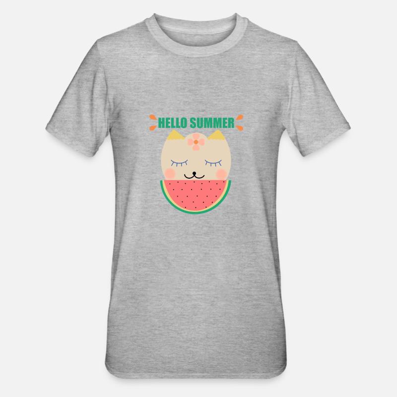 Chat d’été et pastèque - T-shirt polycoton Unisexe - gris chiné
