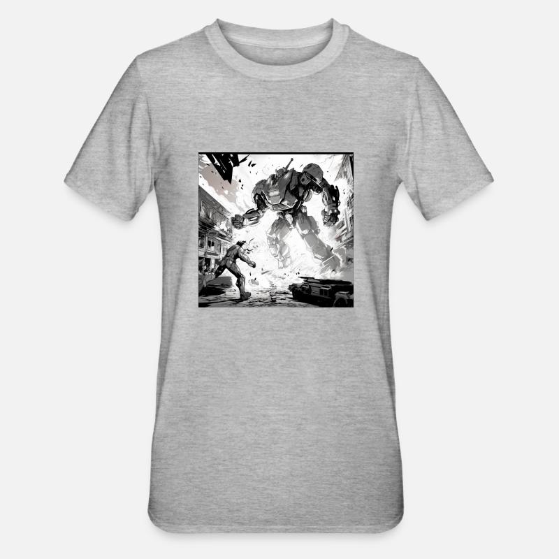 Roboter-Kampf-Comic - Unisex Polycotton T-Shirt - Grau meliert