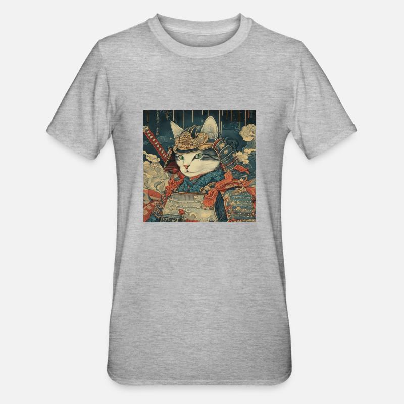 Cat Samurai Japan Ukiyo-E - Unisex Polycotton T-Shirt - heather grey