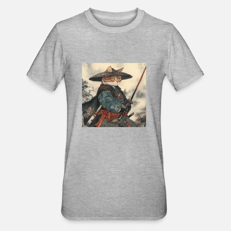 Cat Samurai Japan Ukiyo-E - Unisex Polycotton T-Shirt - heather grey