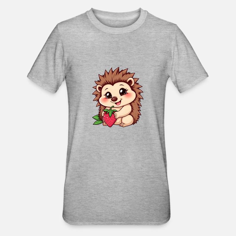 Hérisson mignon tient une fraise mûre - T-shirt polycoton Unisexe - gris chiné