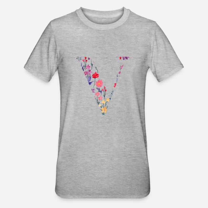Personalisierter Blumenbuchstabe V - Geschenkidee - Unisex Polycotton T-Shirt - Grau meliert