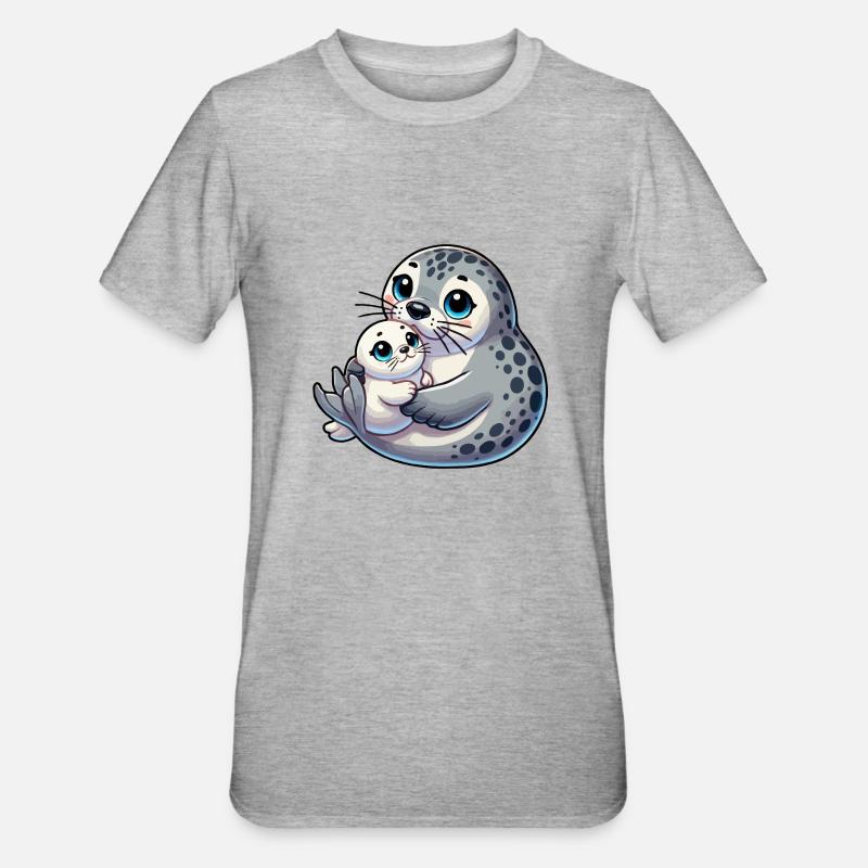 Mère phoque avec enfant - T-shirt polycoton Unisexe - gris chiné