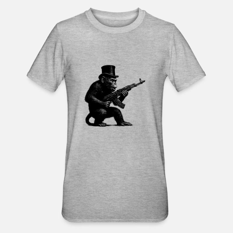 Singe avec mitrailleuse - T-shirt polycoton Unisexe - gris chiné
