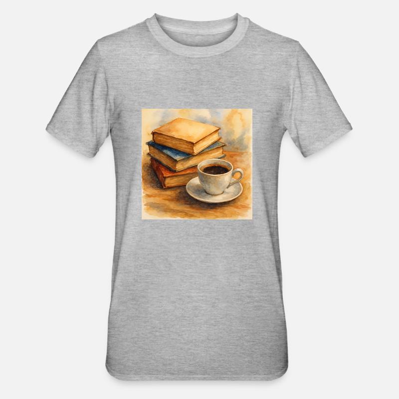 Buch und Kaffee - Unisex Polycotton T-Shirt - Grau meliert