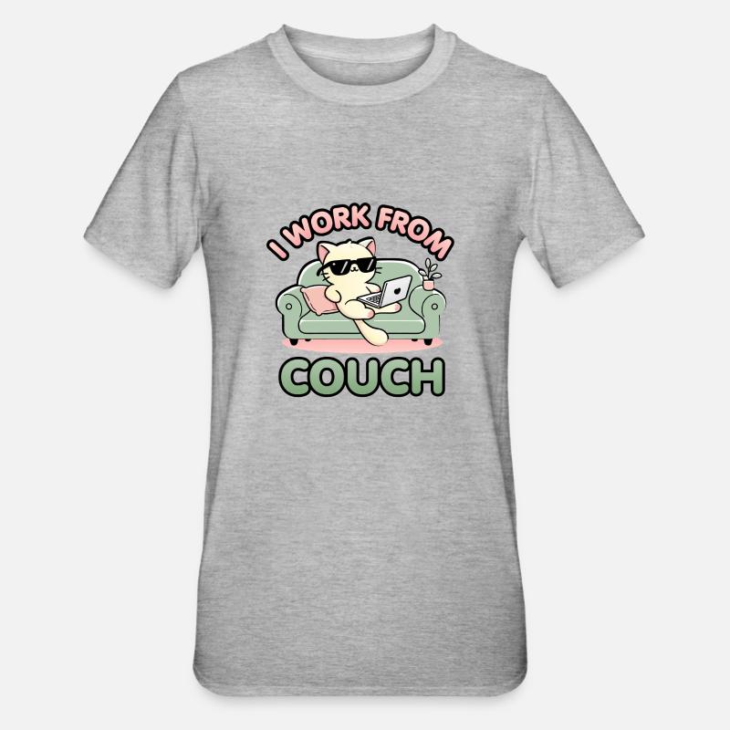 I Work From Couch – Lazy Cat Remote Worker Design - Unisex Polycotton T-Shirt - heather grey