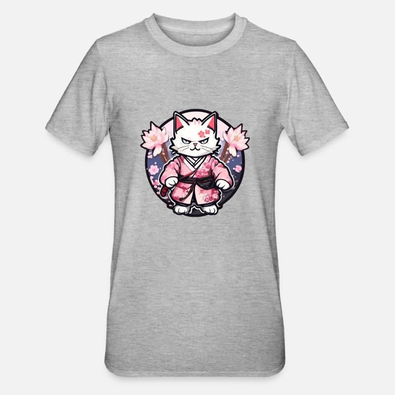 Samurai Cat & Cherry Blossoms #10 - Unisex Polycotton T-Shirt - heather grey