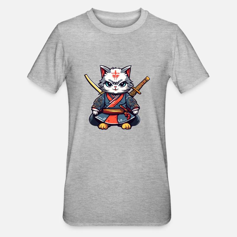 Chat samouraï #40 - T-shirt polycoton Unisexe - gris chiné