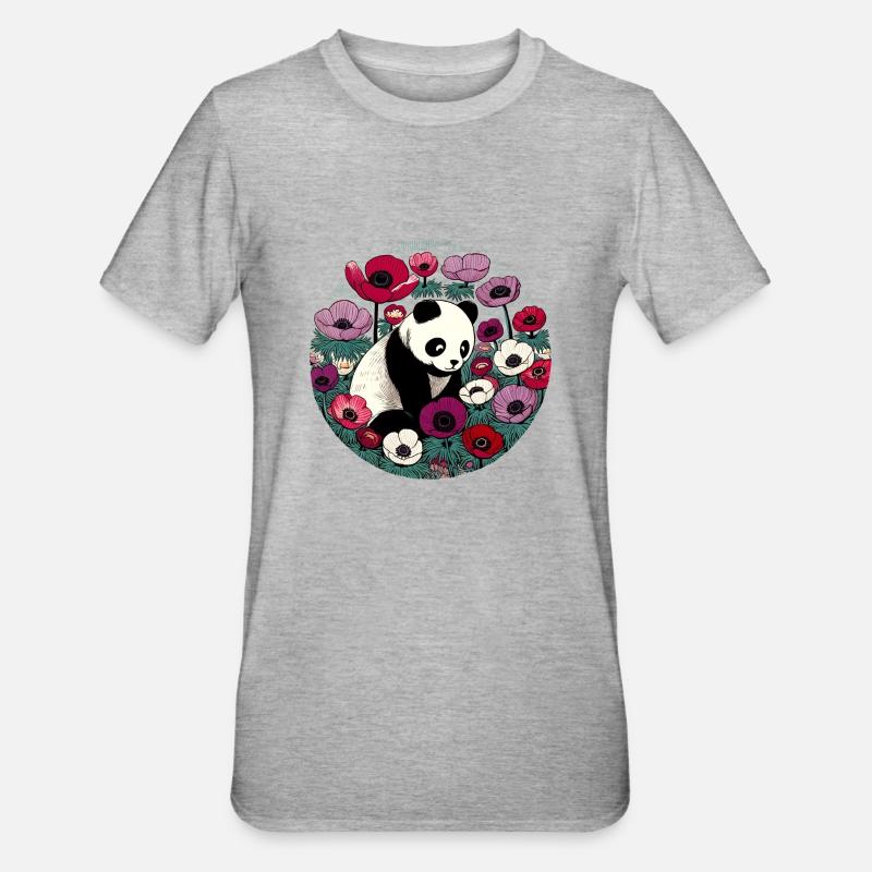 Blume Panda Bär - Unisex Polycotton T-Shirt - Grau meliert