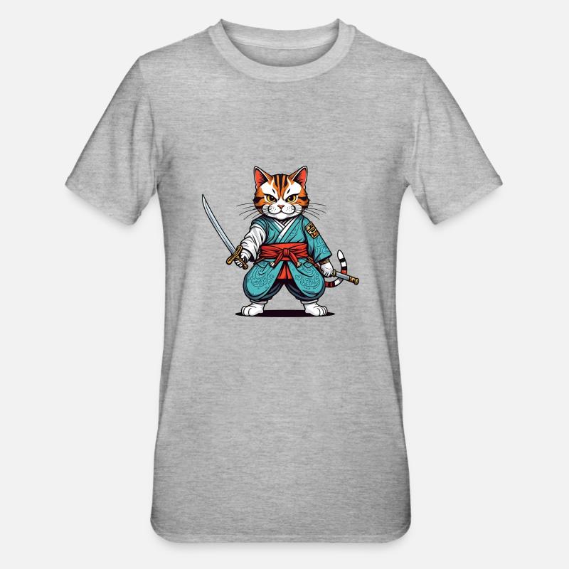 Samurai-Katze - Unisex Polycotton T-Shirt - Grau meliert