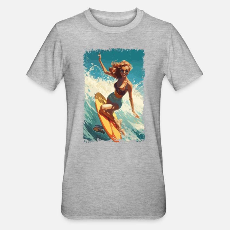 Retro Beach Babe - Surf Comic Design - Unisex Polycotton T-Shirt - heather grey