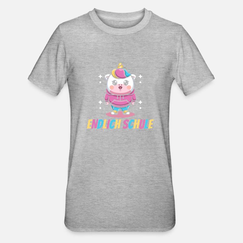 Einhorn, Endlich Schule, Einhörner - Unisex Polycotton T-Shirt - Grau meliert