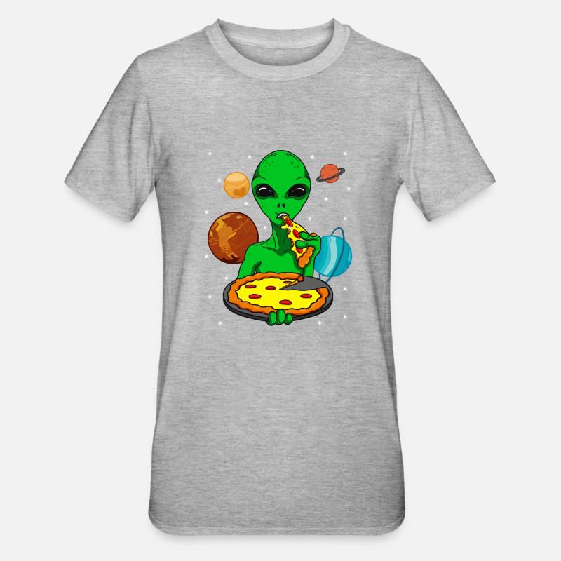 Alien Alien OVNI mangeant de la pizza - T-shirt polycoton Unisexe - gris chiné