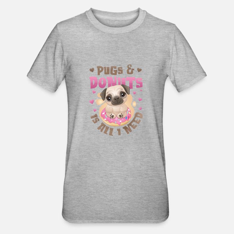 Mops Donut Lover Mädchen - Unisex Polycotton T-Shirt - Grau meliert