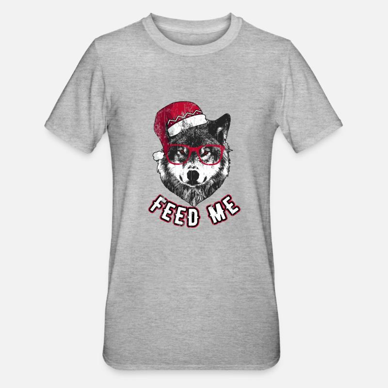 Feed Me – Grumpy Christmas Wolf - Unisex Polycotton T-Shirt - Grau meliert
