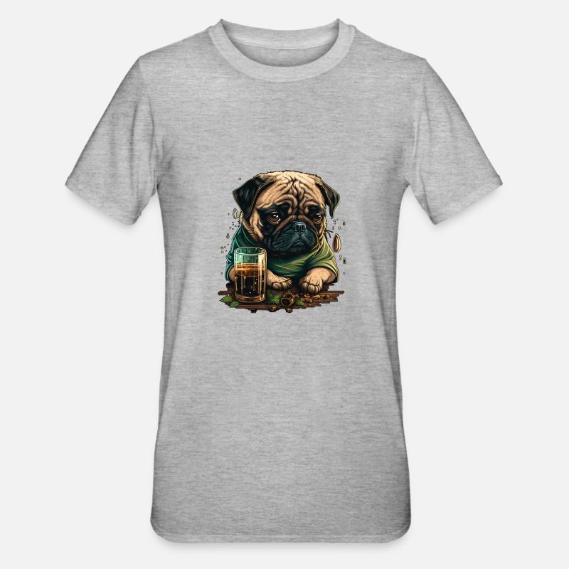 Grumpy Pug boit du whisky - T-shirt polycoton Unisexe - gris chiné