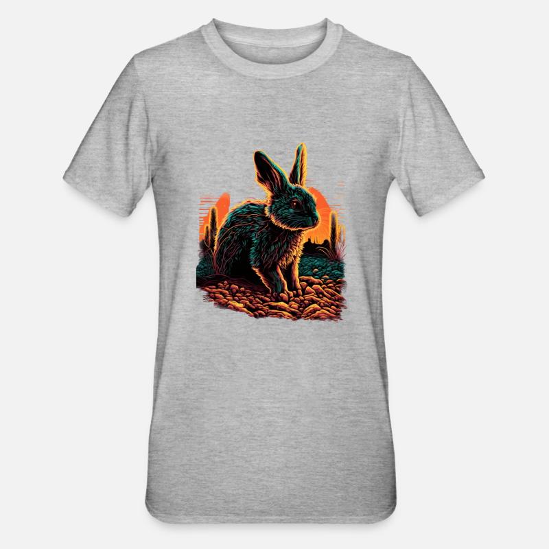 Rabbit Synthwave Sunset Gift - Unisex Polycotton T-Shirt - heather grey