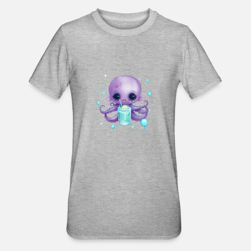 Cute Octo mit Sommer Drink - Unisex Polycotton T-Shirt - Grau meliert